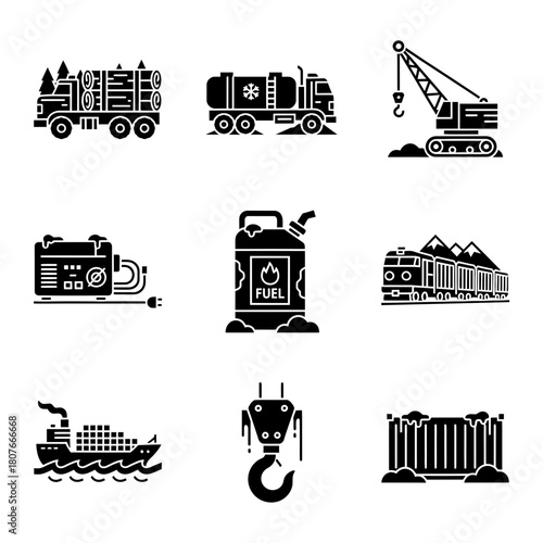 Icon set featuring transportation and machinery in a minimalist style