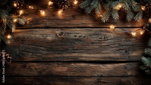 Beautiful Rustic Wooden Backdrop With Festive Greenery and Warm Lights for Ho...