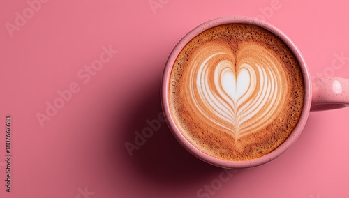 Delicious Heart-Shaped Latte Art in a Pink Cup Against a Pastel Background