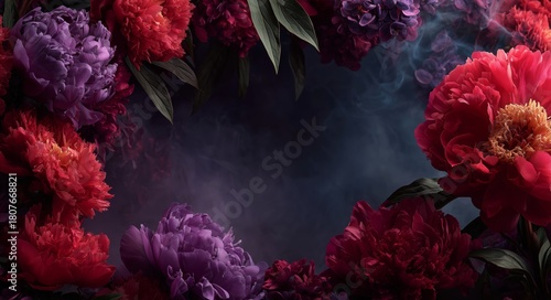 Colorful Peonies Surround a Dreamy Misty Background at Dusk in a Garden Setting