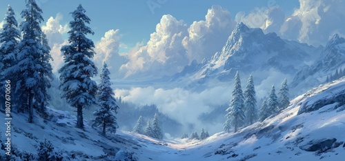Winter Landscape With Snow-Covered Trees and Mountains in the Background at S...