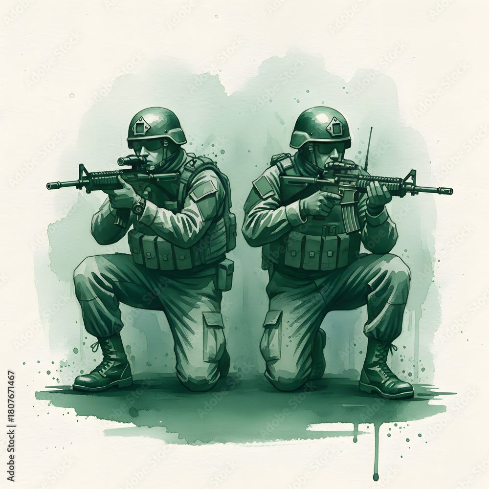 Obraz premium Military personnel kneel ready for action