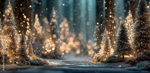 Magical Winter Scene With Sparkling Lights in a Snowy Forest at Night