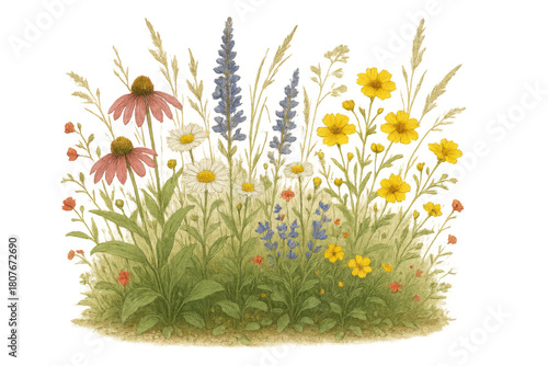 Wildflower meadow botanical watercolor painting on transparent background, featuring diverse spring and summer blossoms