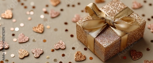 Shimmering Gift Box Surrounded by Heart-Shaped Confetti on a Festive Table