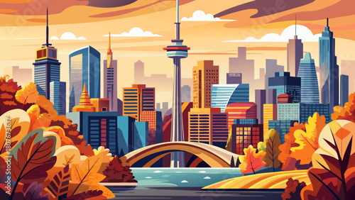 Very beautiful Toronto skyline illustration featuring crisp autumn colors, stylized city buildings, and warm seasonal tones that create a vibrant, artistic urban panorama without depicting any real 