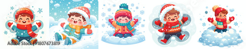 a child boy lying in the snow happily