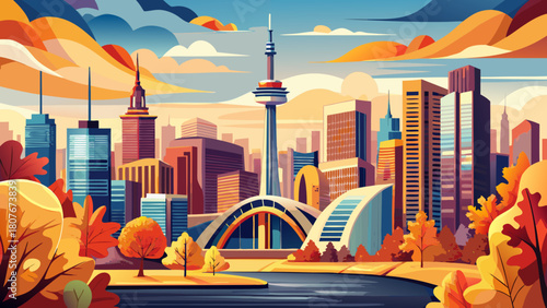 Very beautiful Toronto skyline illustration featuring crisp autumn colors, stylized city buildings, and warm seasonal tones that create a vibrant, artistic urban panorama without depicting any real 