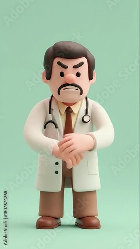 Angry Doctor Figurine Poses with Stethoscope and White Coat on Green Background.