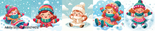 a child girl lying in the snow happily