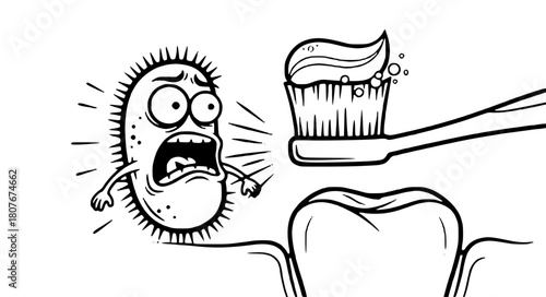 Scared germ flees from toothbrush with toothpaste for dental hygiene concept art