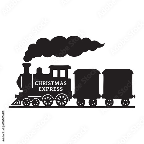 Stylized vector silhouette of a festive steam locomotive pulling multiple wagons, symbolizing a joyful seasonal journey and holiday spirit. Perfect graphic for winter events