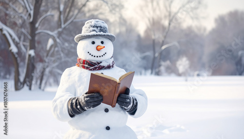 lesender Schneemann - ein aufgeschlagenes Buch aus Leder in den Händen eines lachenden Schneemanns mit Schal und Mütze in einer verschneiten Landschaft