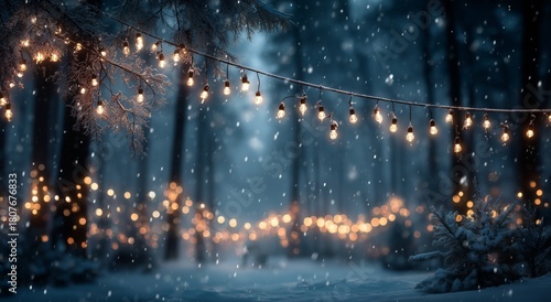 Soft Winter Lights Twinkle in a Snowy Forest at Night Under Falling Snowflakes