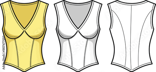 V-neck corset style top technical flat sketch, detailed fashion CAD drawing, vector garment illustration showing front and back seams, stitching and construction lines