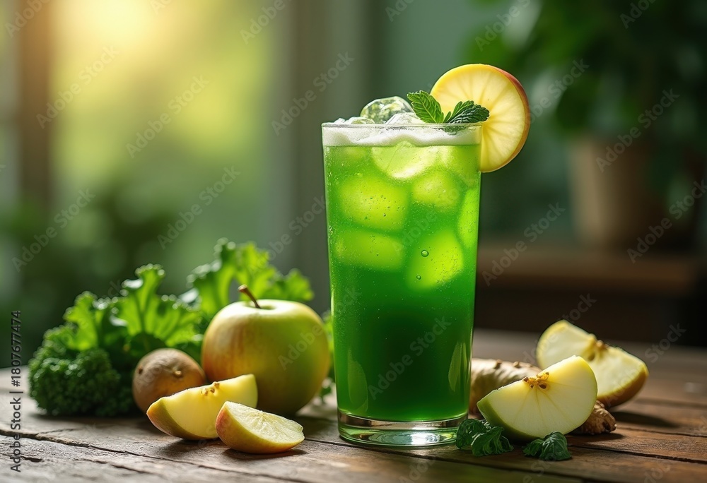 Fototapeta premium Rich Kale Juice Infused with Apple and Ginger Elements Bright Green Vibrant Juice Burst Nature Inspired Ingredients