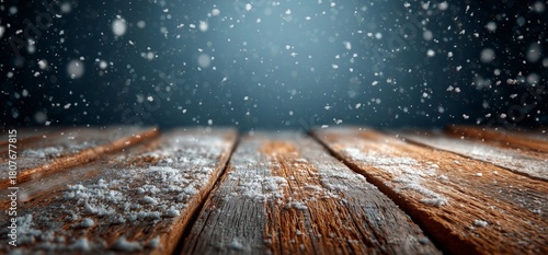 Snowflakes Fall Gently on Wooden Floor With Blue Background at Winter Evening