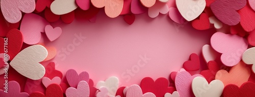 Colorful Heart Shapes Decorate a Pink Background for Romantic Occasions or Ce...