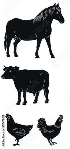 Set of Farm Animal Silhouettes with Horse Bull and Chickens.