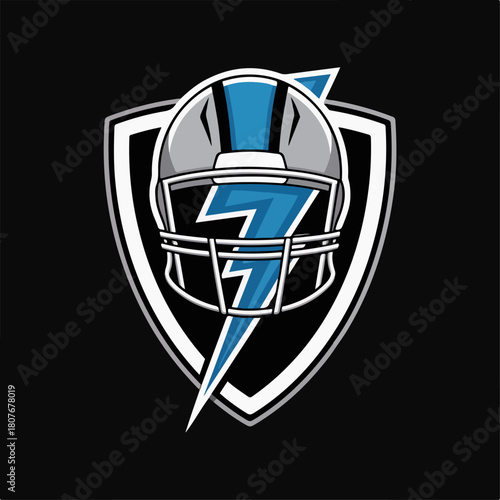 American football helmet with blue lightning on shield, bold gridiron team logo badge, modern sports emblem vector illustration on black background