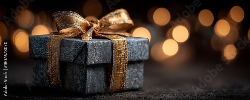 Beautifully Wrapped Gift Box With Golden Ribbon on Dark Background During Hol...