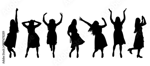 Women silhouettes dancing and celebrating in various poses, set. Vector illustration