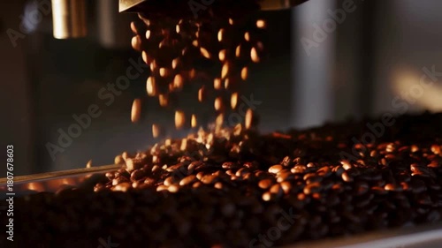Close up falling roasted coffee beans from industrial processing roasting machine in modern factory brown aromatic cocoa grains pouring into container automated production at food manufacturing