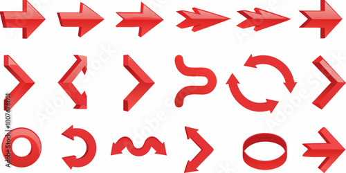 Collection of red directional arrows in various styles and orientations