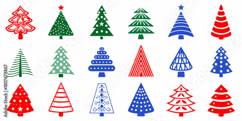 Collection of stylized christmas tree illustrations in various colors and designs