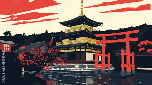 Traditional Japanese Pagoda Temple and Red Torii Gate Vector Illustration