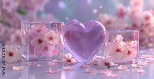 Romantic Heart Shape Glass Surrounded by Cherry Blossom Petals in a Soft Past...