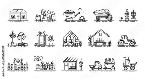 Hand drawn set of farming and gardening doodle icons.