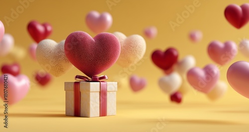 Colorful Hearts Floating Above a Gift Box on a Bright Yellow Background