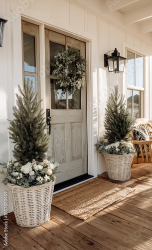 Decorative Entrance With Potted Evergreens and Rustic Lantern by Wooden Door ...