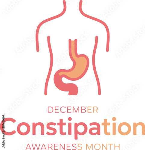 December Constipation Awareness Month graphic with human torso and lightning bolt symbol of stomach pain for health campaign marketing