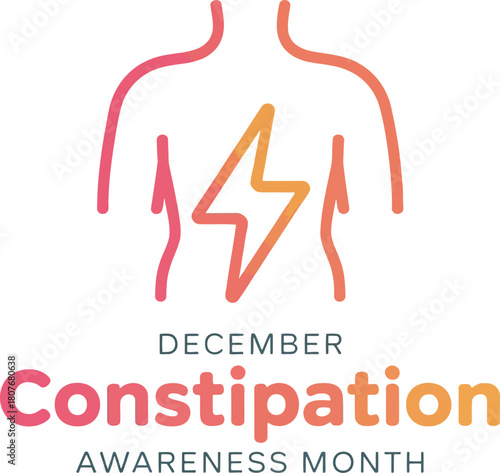 December Constipation Awareness Month graphic with human torso and lightning bolt symbol of stomach pain for health campaign marketing