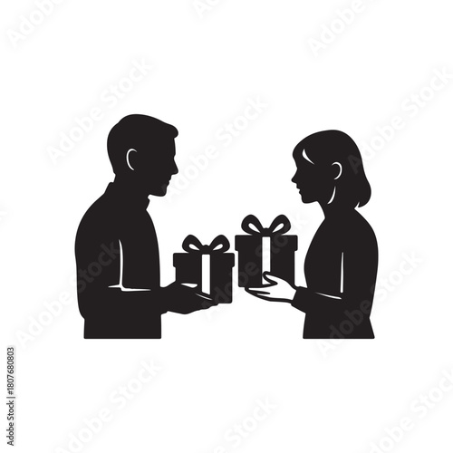 Silhouette of People Exchanging Gifts to Show Generosity and Surprise