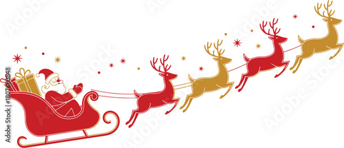 Santa Claus riding in a red sleigh pulled by reindeer team, flying through a starry night sky to deliver gifts on Christmas Eve