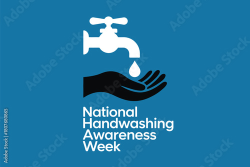 National Handwashing Awareness Week banner illustration with faucet, water drop and hand icon on blue background for public health campaigns