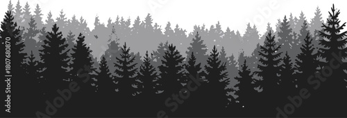 Black and white forest silhouette landscape with dense pine and fir trees layered in a seamless, isolated horizontal banner
