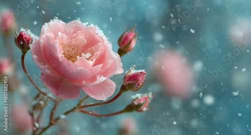 Snow Falls Softly on Blooming Pink Roses in a Winter Garden
