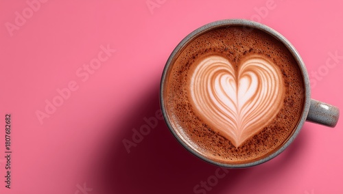 Coffee Art With Heart Design in Pink Mug on Pastel Pink Background for Cozy V...