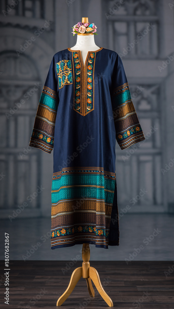 Obraz premium Navy blue dashiki dress with colorful african print accents