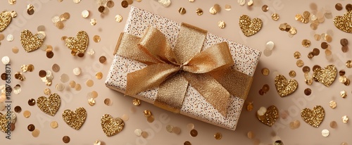 Beautifully Wrapped Gift Box With Golden Hearts and Confetti on a Soft Surface