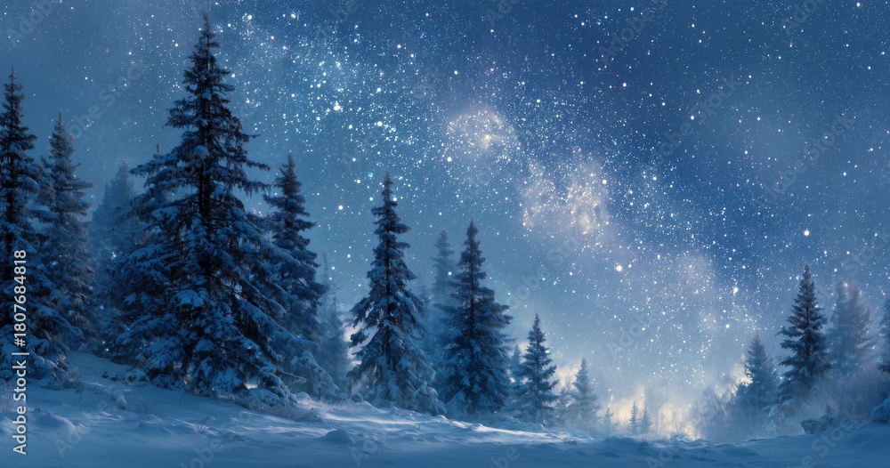 Fototapeta premium Winter Night in a Snowy Forest With Vibrant Stars Illuminating the Landscape