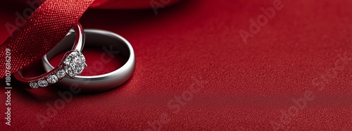 Elegant Diamond Engagement and Wedding Rings on a Red Velvet Surface With a H...