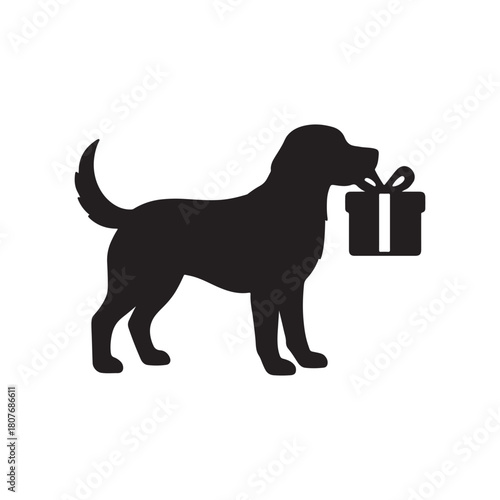 Silhouette of a happy dog carrying a gift box in its mouth, perfect for holiday or celebration themes
