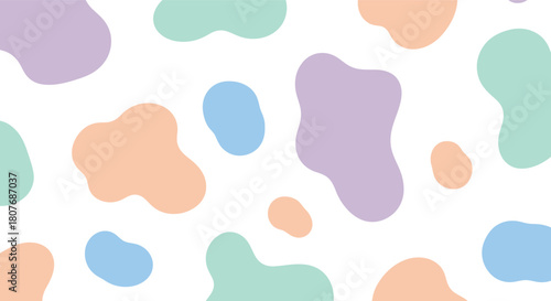 Abstract organic shapes in pastel colors of lavender blue peach and mint green create a playful and modern pattern on a white background perfect for design