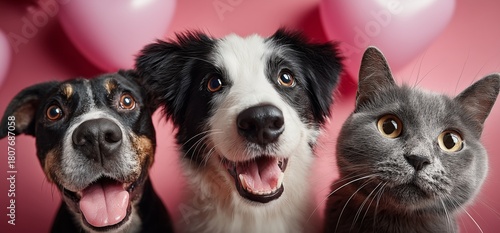Pets Celebrate Love With Heart-Shaped Balloons in a Joyful Scene
