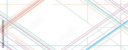 Abstract background with intersecting lines in pastel colors creating a geometric pattern with a sense of depth and movement on a white canvas